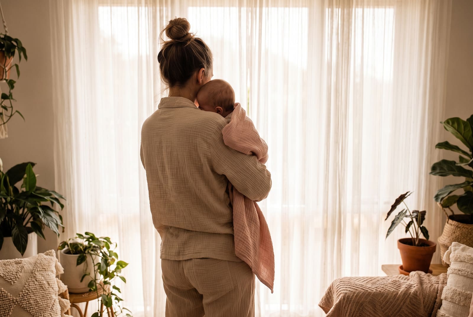 Një mama me set pambuku mban bebin e mbështjellë me batanije rozë pranë dritares