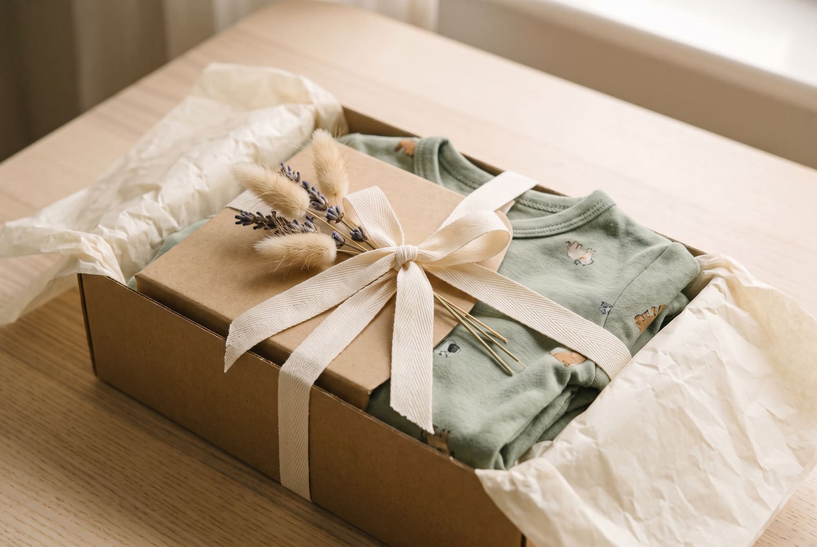 Paketë dhurate kartoni me fjongo dhe një pizhame jeshile